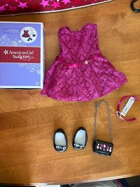 American Girl Hot Pink Lace Party Dress with Black Flats & Purse